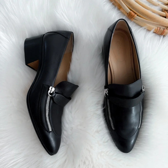 Chloe Black Leather Lumi Block Heel Zip Pumps Silver Zippers Loafer Chunky - Picture 3 of 13